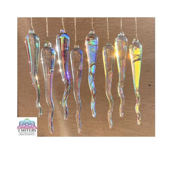 Set of 8 Handmade 6" Iridized Clear Glass Icicle Ornaments - Picture 1 of 10